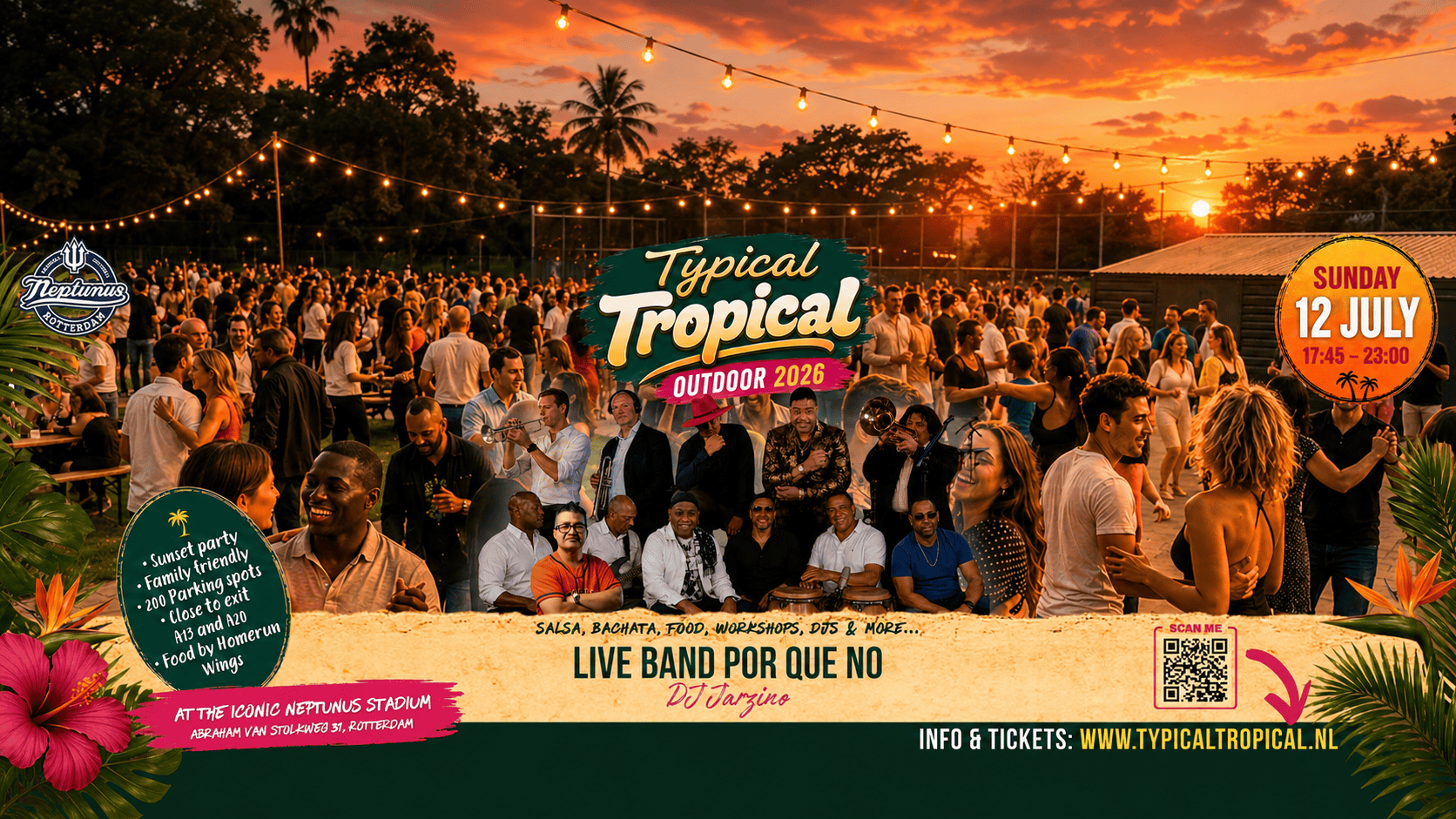 Por Que No and DJ Jarzino play Typical Tropical Outdoor at Stadion Neptunus on 12 July, with a RotterdamStyle discount code for readers.